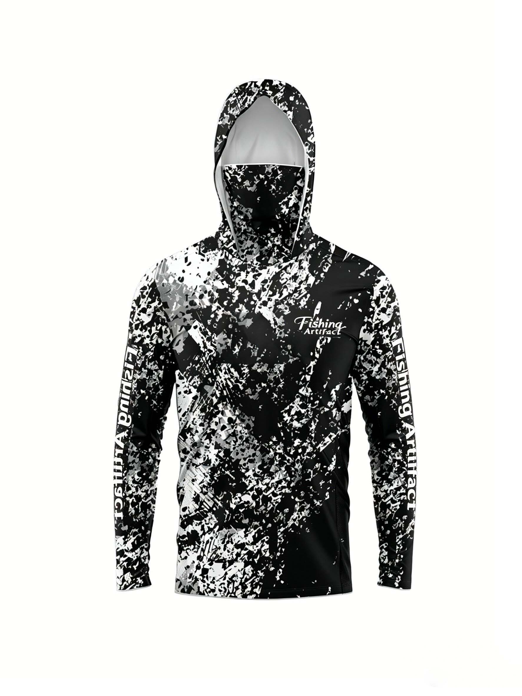 Sports Mask Breathable - メンズ 夏用 3Dプリント フィッシングフーディー フェイスマスク付き ブラックホワイト